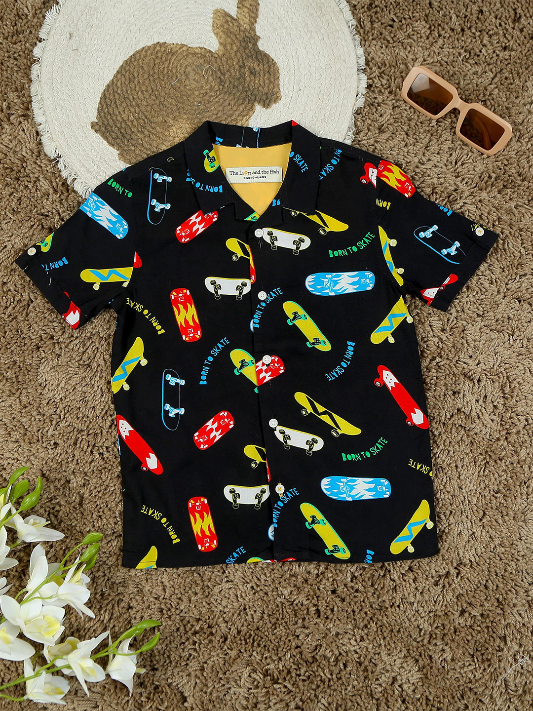 The Lion and The Fish Boys Relaxed Fit Sports Printed Cuban Collar Shirt