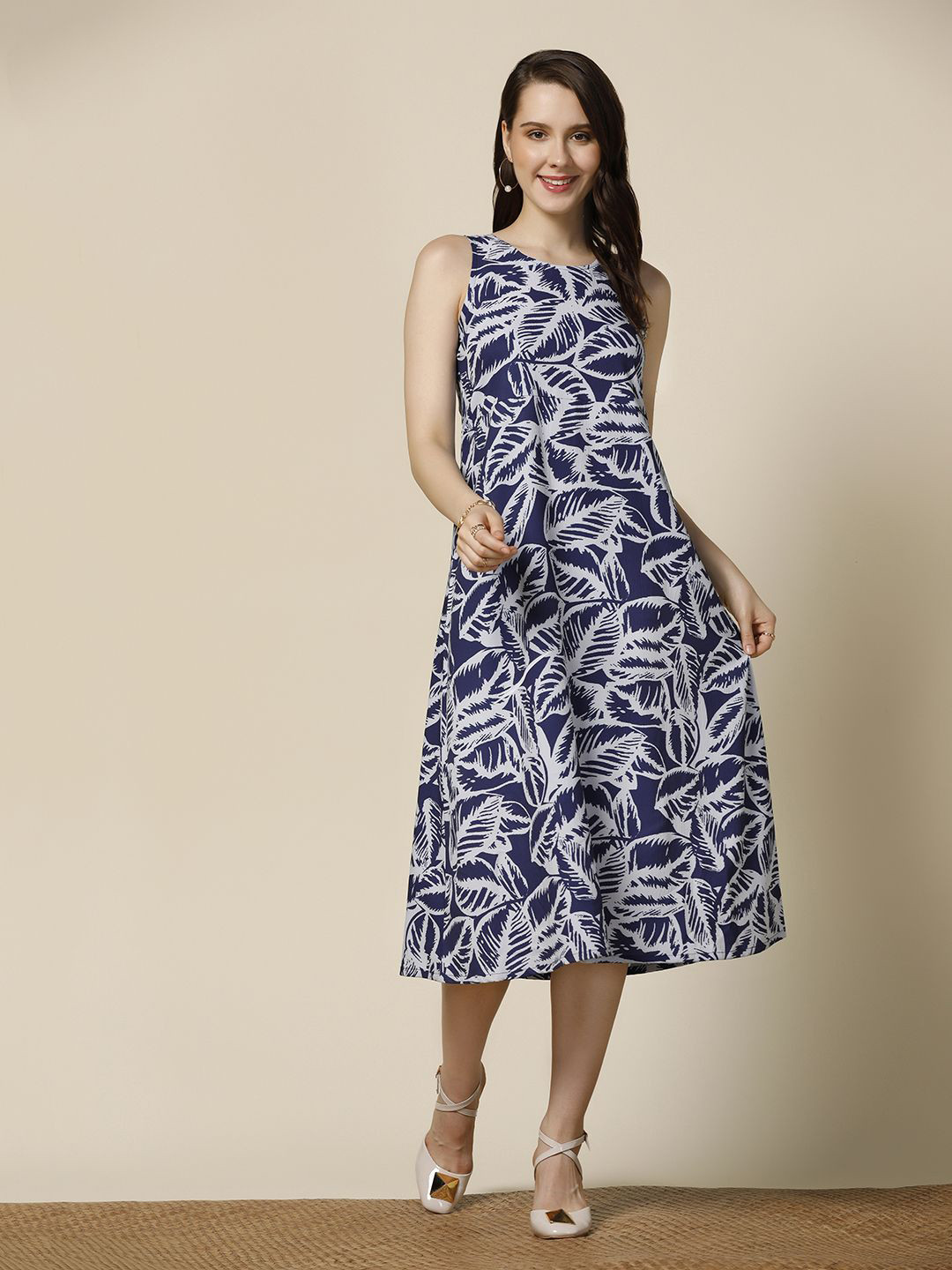 OMPAX Women Tropical Print Sleeveless Round Neck A-Line Midi Dress
