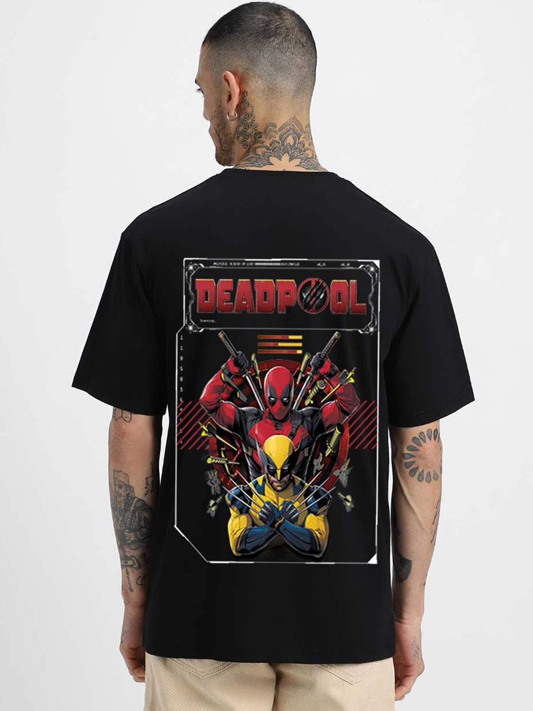 VEIRDO Marvel Men Deadpool Graphic Printed Round Neck Oversized Pure Cotton T-shirt