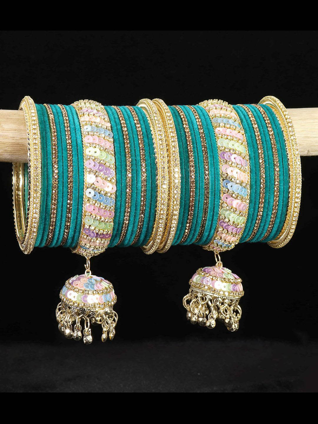 NMII Set Of 38 Zircon Stone - Bells Jhumka Latkan Bangles