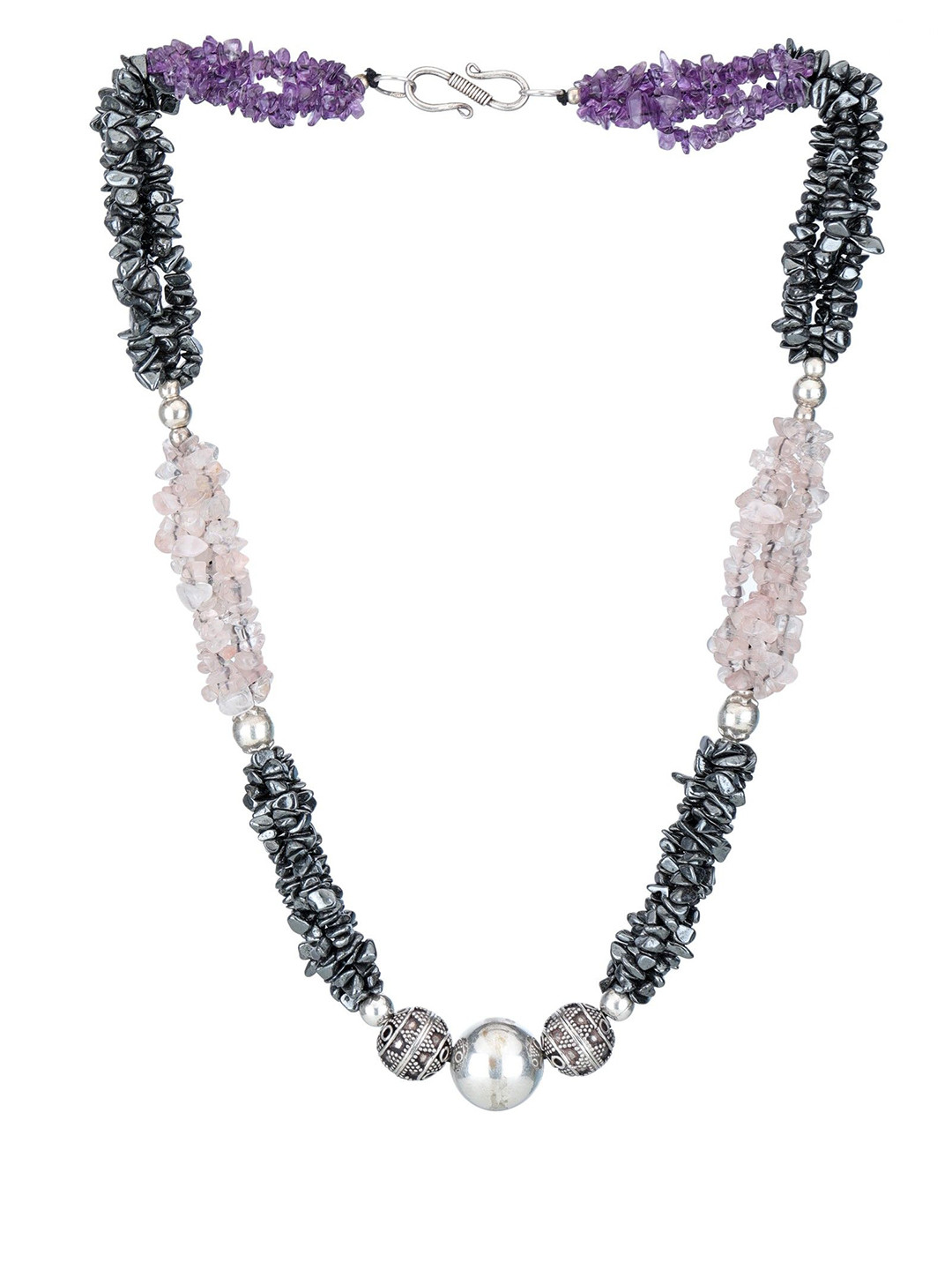 Exotic India Amethyst, Gun Metal and Rose Quartz Stone Sterling Silver Necklace