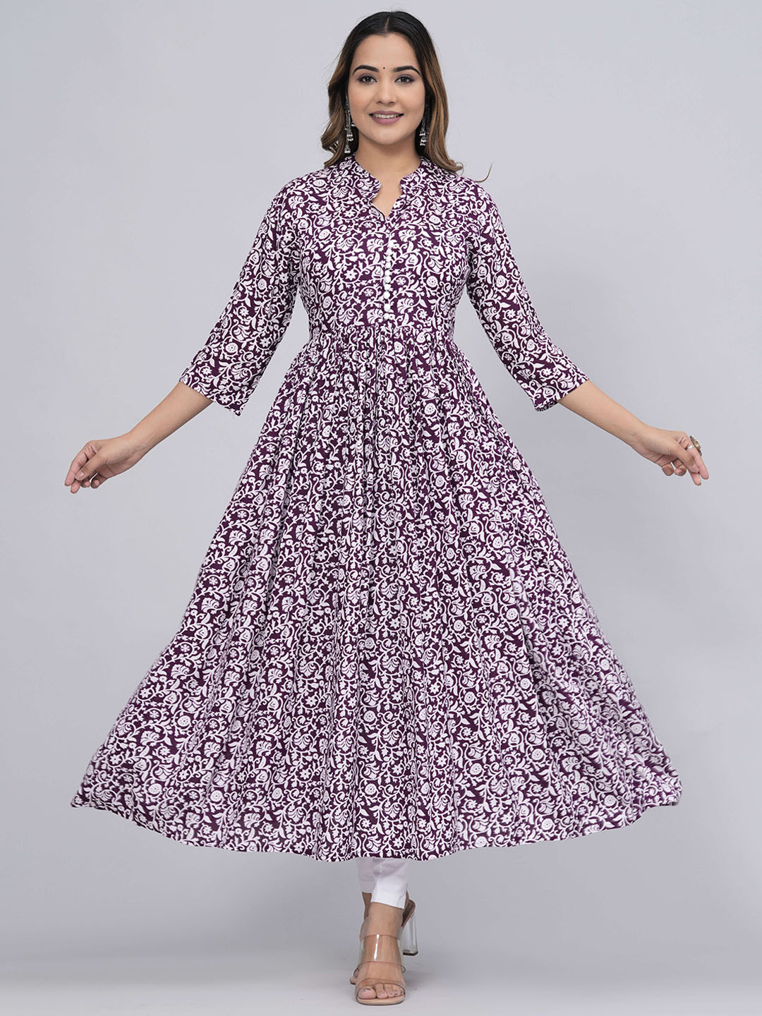 Sanganeri Kurti Floral Printed Mandarin Collar Anarkali Kurta