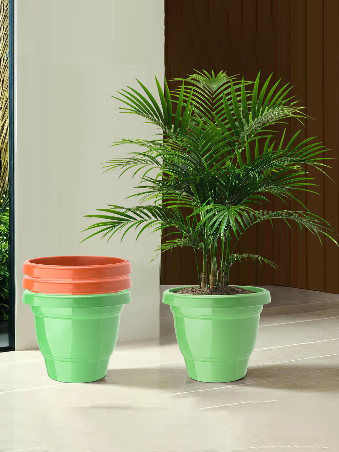 Kuber Industries Green & Orange Colored 4 Pieces 2-Layer Planters