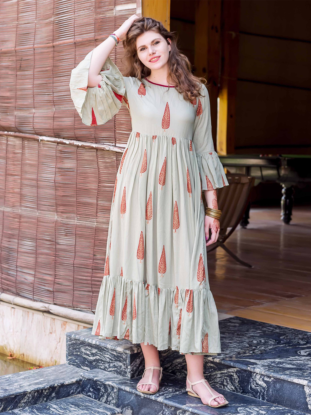 MISSPRINT Printed Bell Sleeve Fit & Flare Dress