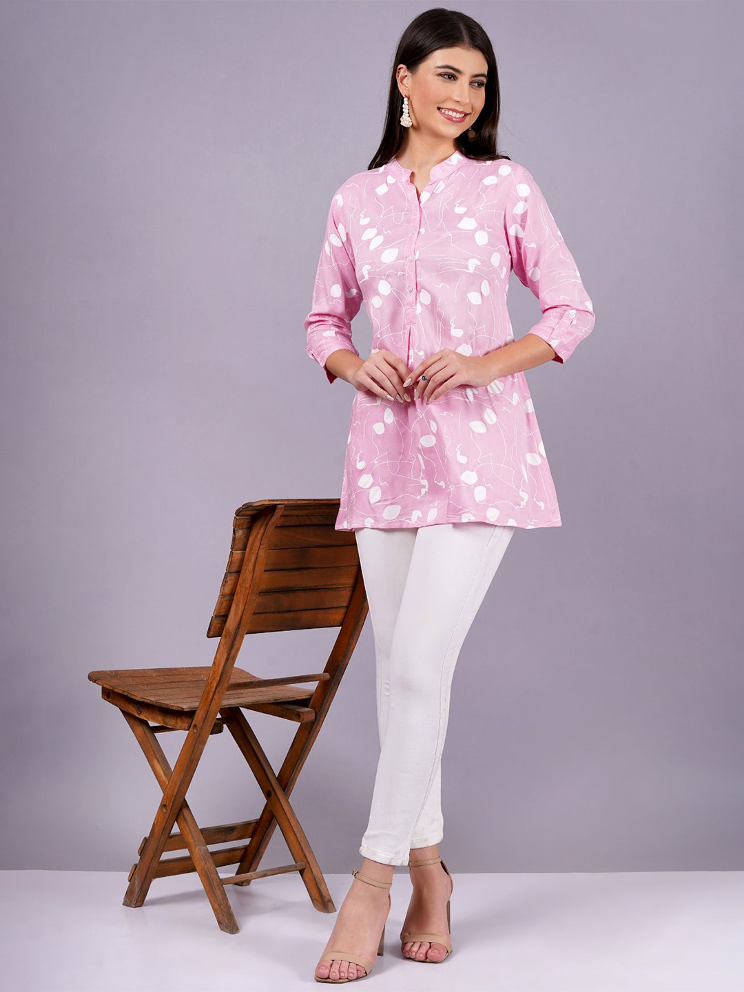JC4U Women Floral Printed Mandarin Collar Top