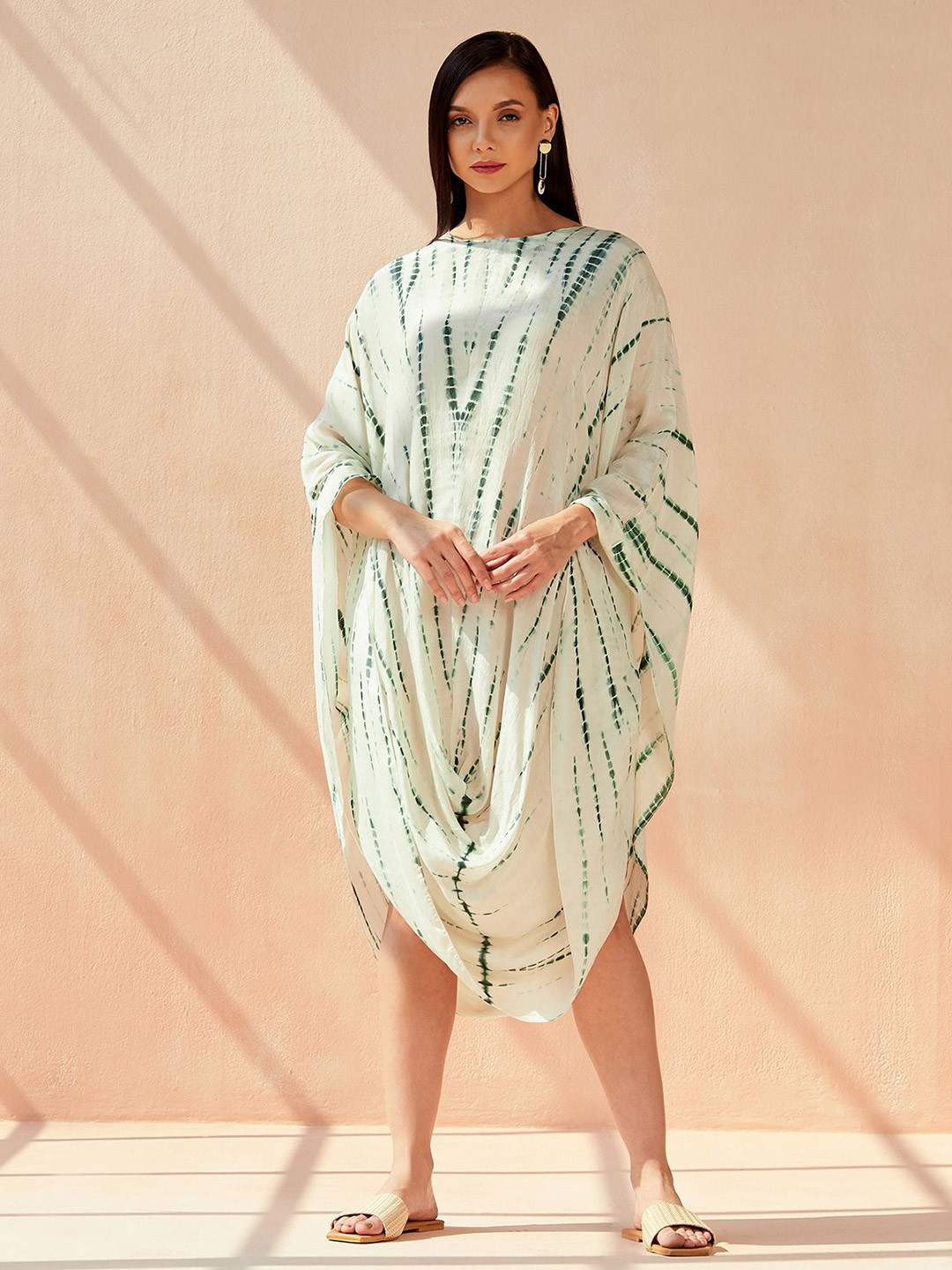 SEVENDC Tropical Striped Mandarin Collar Satin Top