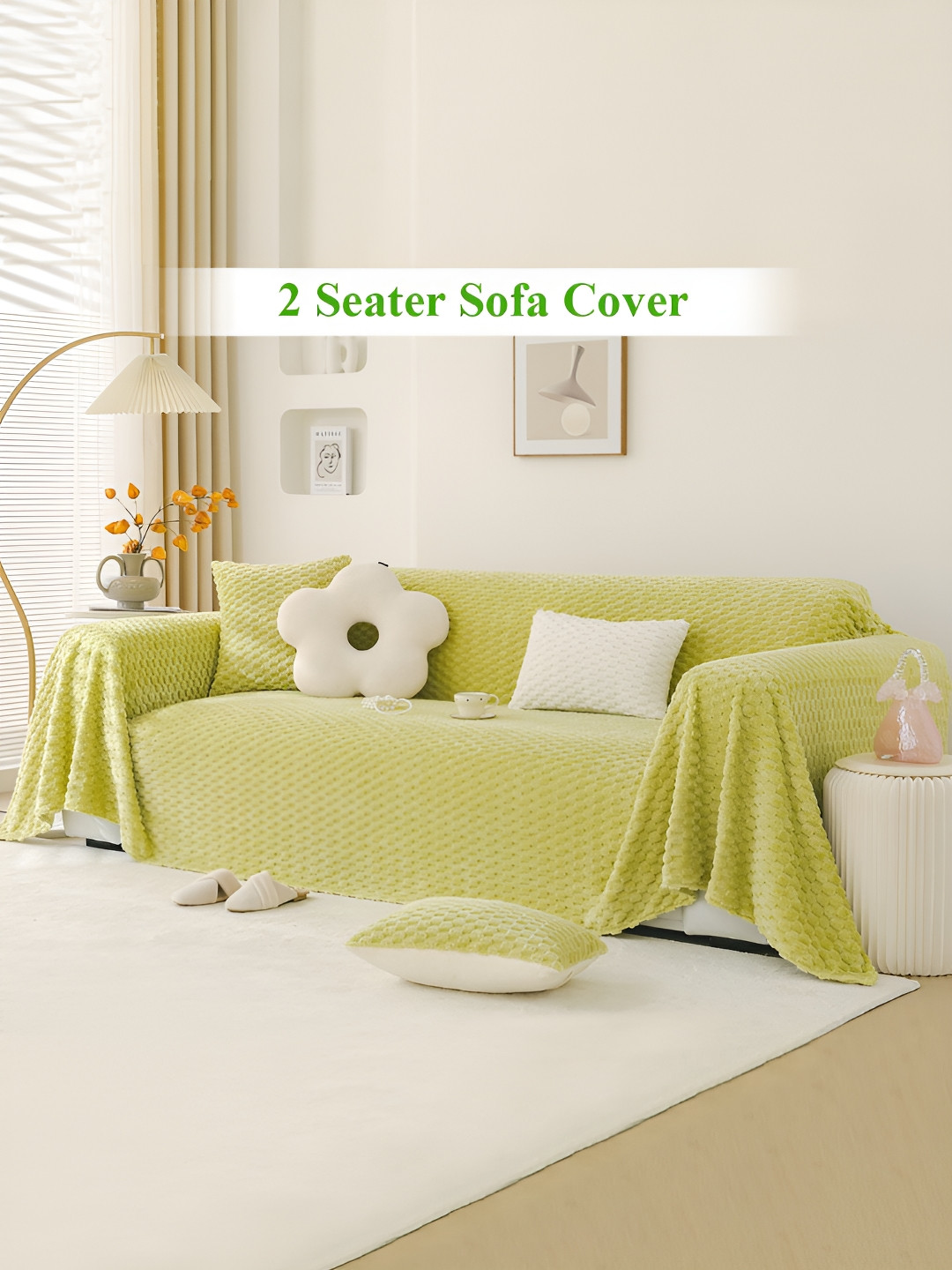 HOKIPO Green Self Design 2 Seater Rectangle Sofa Throw