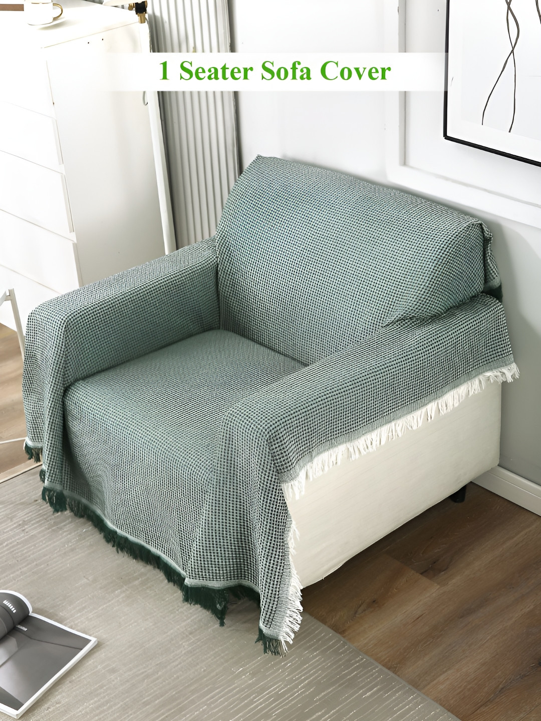 HOKIPO Green & White Checked 1 Seater Thick and Soft Sofa Throws
