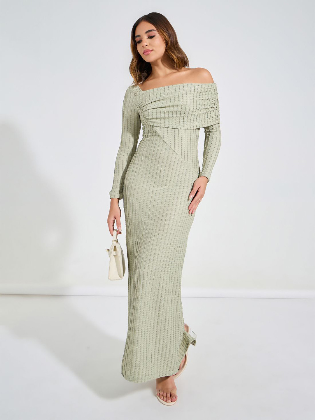 Styli Women Green Off Shoulder Neck Textured Sheath Maxi Dress