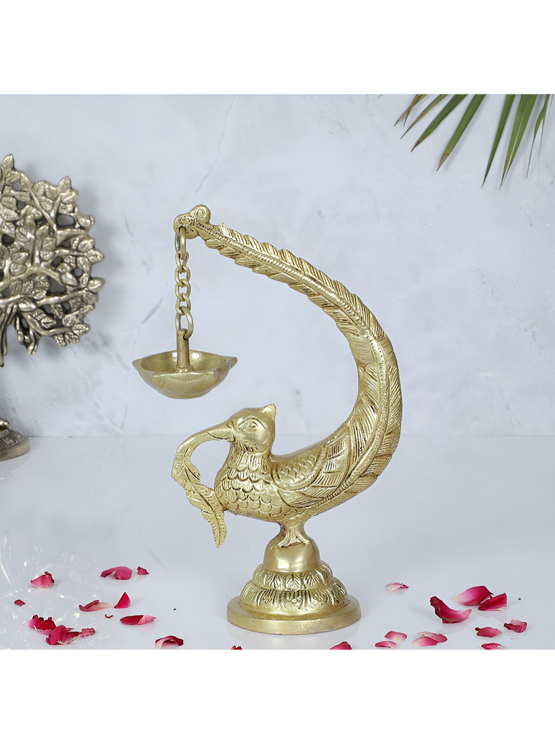 Two Moustaches Yellow Textured Brass Annam Bird Oil Diya