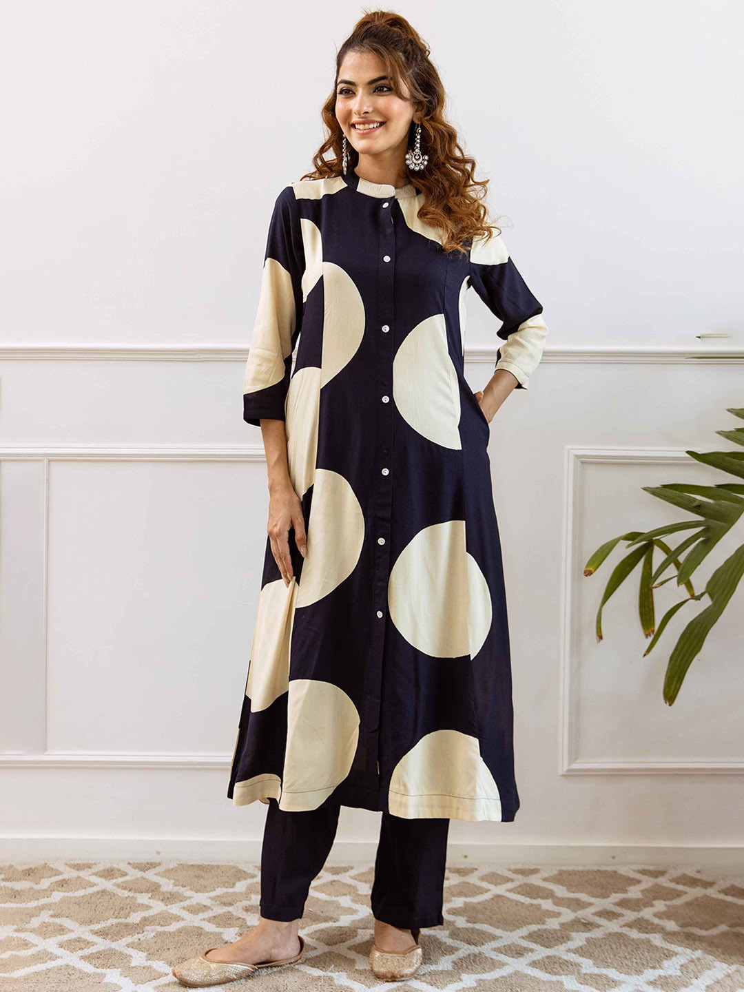 KALINI Polka Dots Printed Mandarin Collar Panelled A-Line Kurta with Trousers