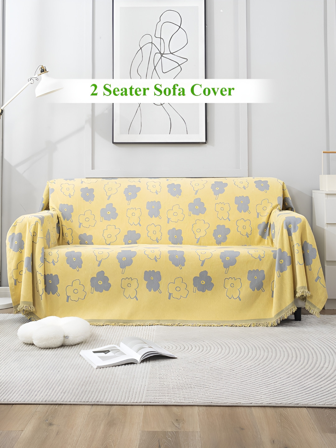 HOKIPO Yellow & Grey Floral 2 Seater Sofa Throw