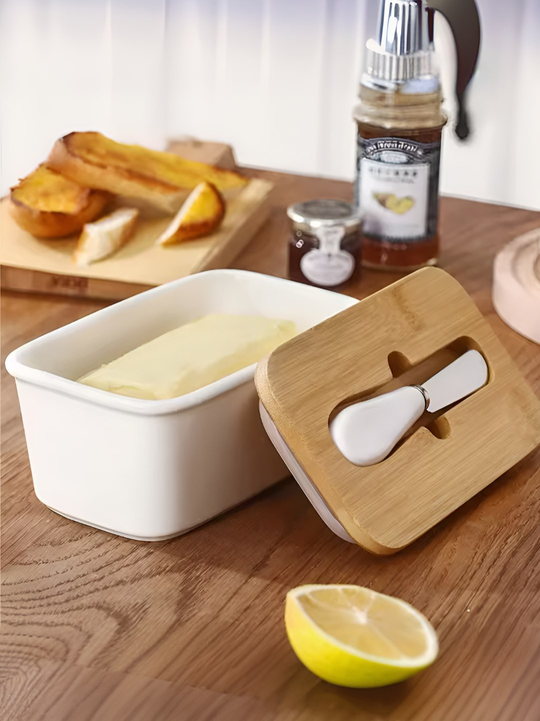 UMAI White Ceramic Butter Dish With Lid & Knife Container -600ml