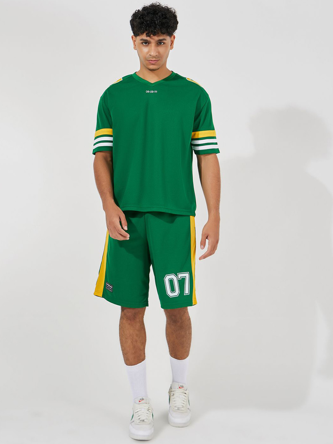 Styli Green Varsity Printed Oversized V-Neck T-Shirt With Shorts