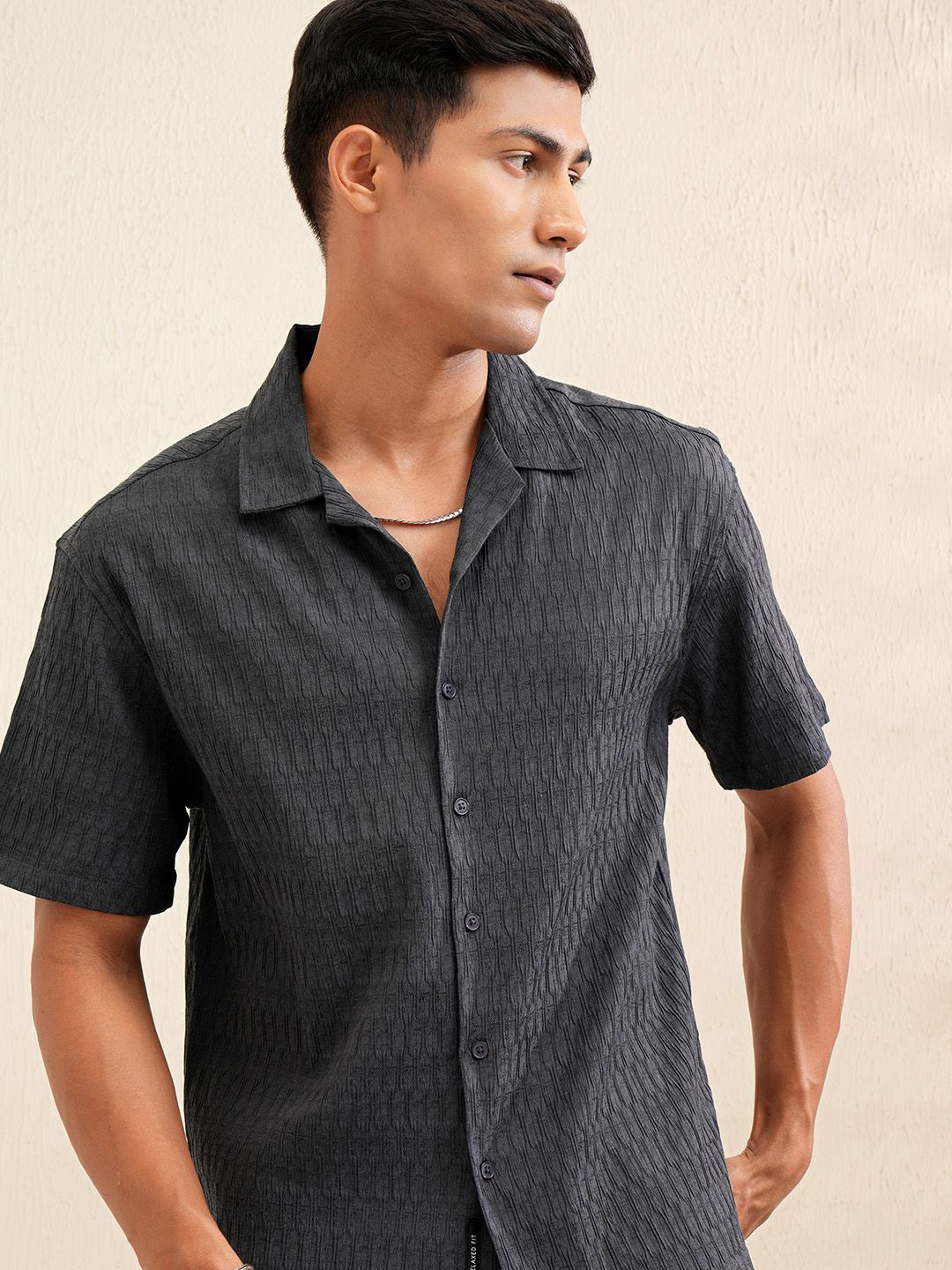 LOCOMOTIVE Premium Men Dark Jacquard Popcorn Textured Cuban Collar Relaxed Shirt