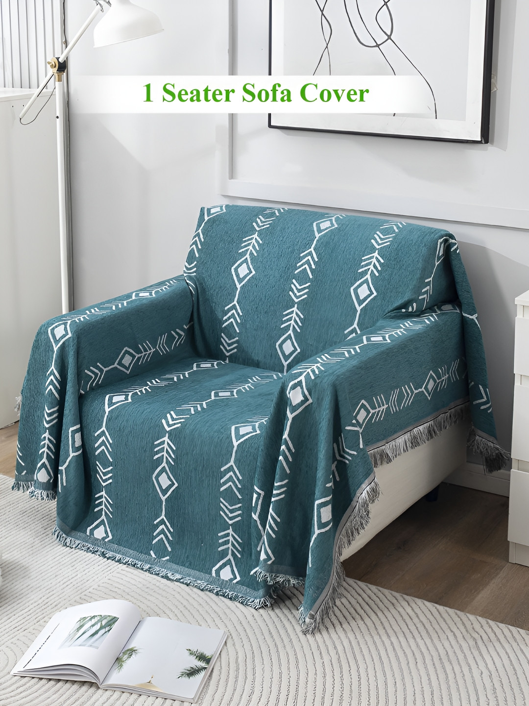HOKIPO Teal Green & White Geometric Printed 1 Seater Sofa Throws
