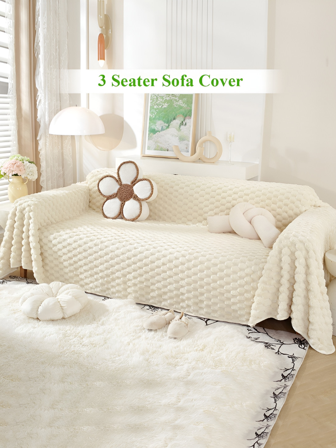 HOKIPO White Plain Rabbit Plush 3 Seater Sofa Throw