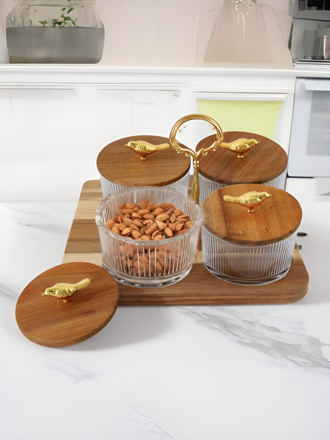 UMAI Transparent 5 Pieces Wooden Tray With Jars