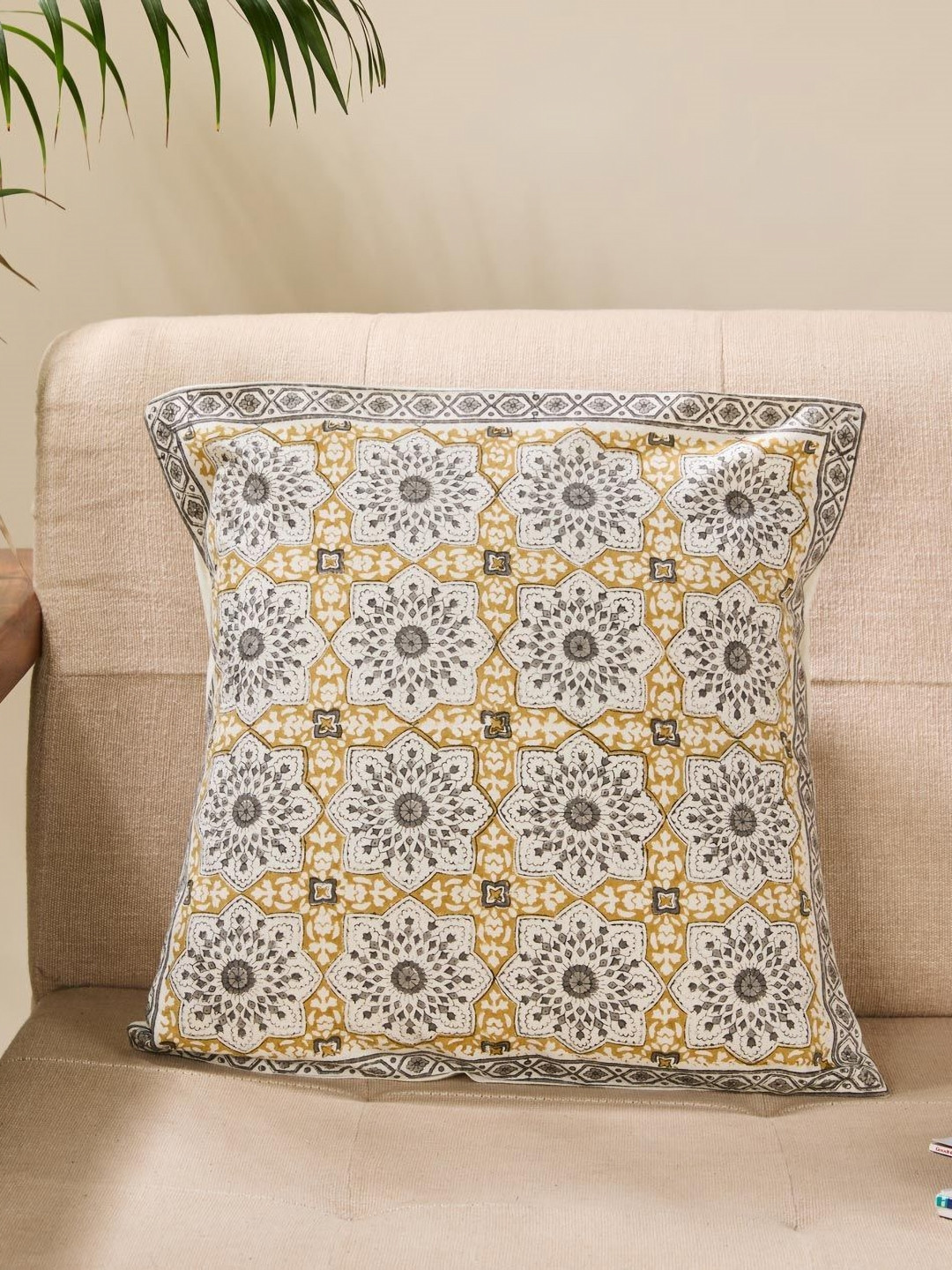 Fabindia Block Printed Grey Floral Polyester Silk Breathable Square Cushion Cover -16x16In
