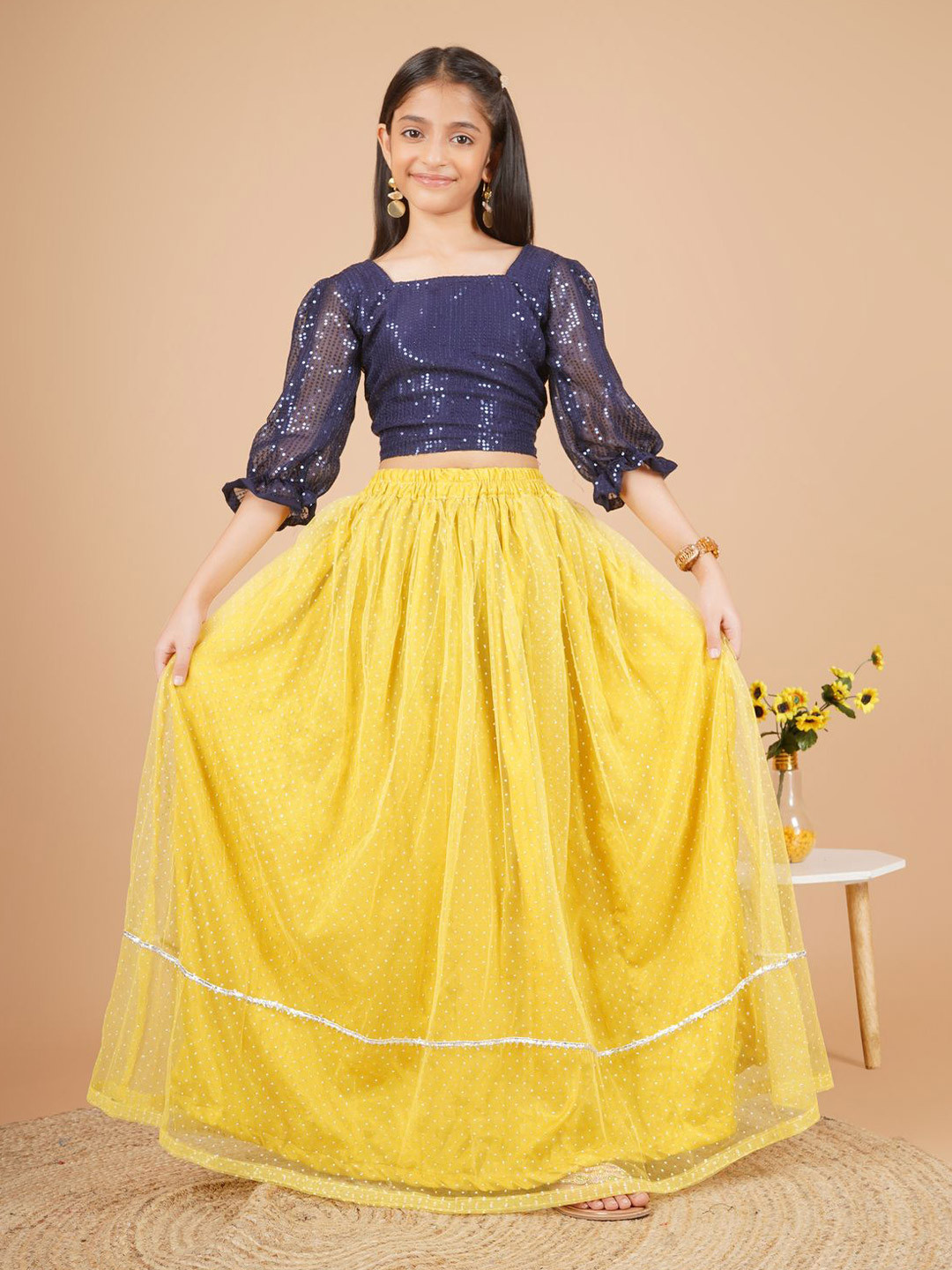 Unique Designers Girls Embellished Square Neck Sequinned Ready to Wear Lehenga & Choli