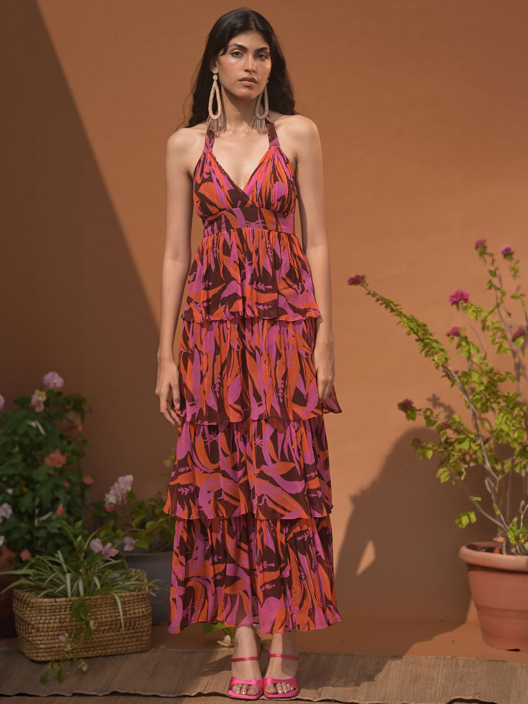 GUAPA Floral Printed  Halter Neck Maxi Fit and Flare Dress