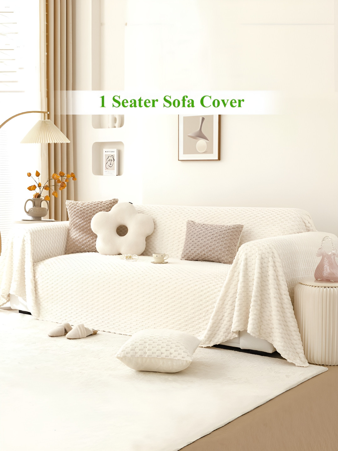 HOKIPO White Textured Plush Single Seater Sofa Throw