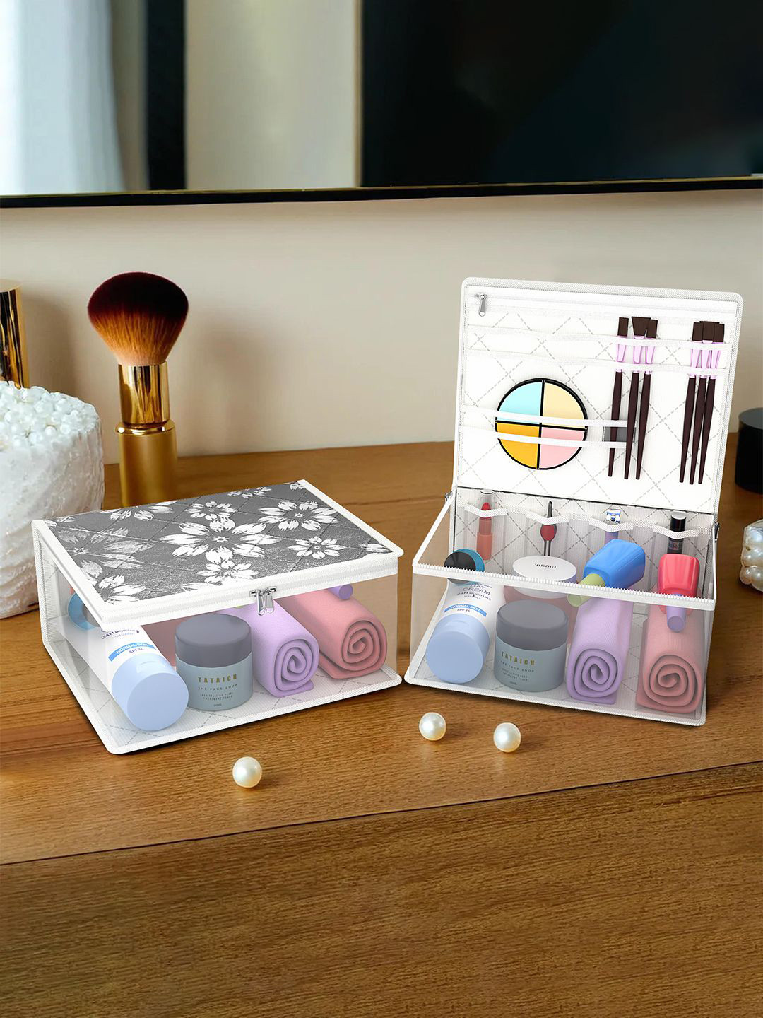 Kuber Industries Set of 2 Flower Quilted Frill Makeup Storage Bag - Grey