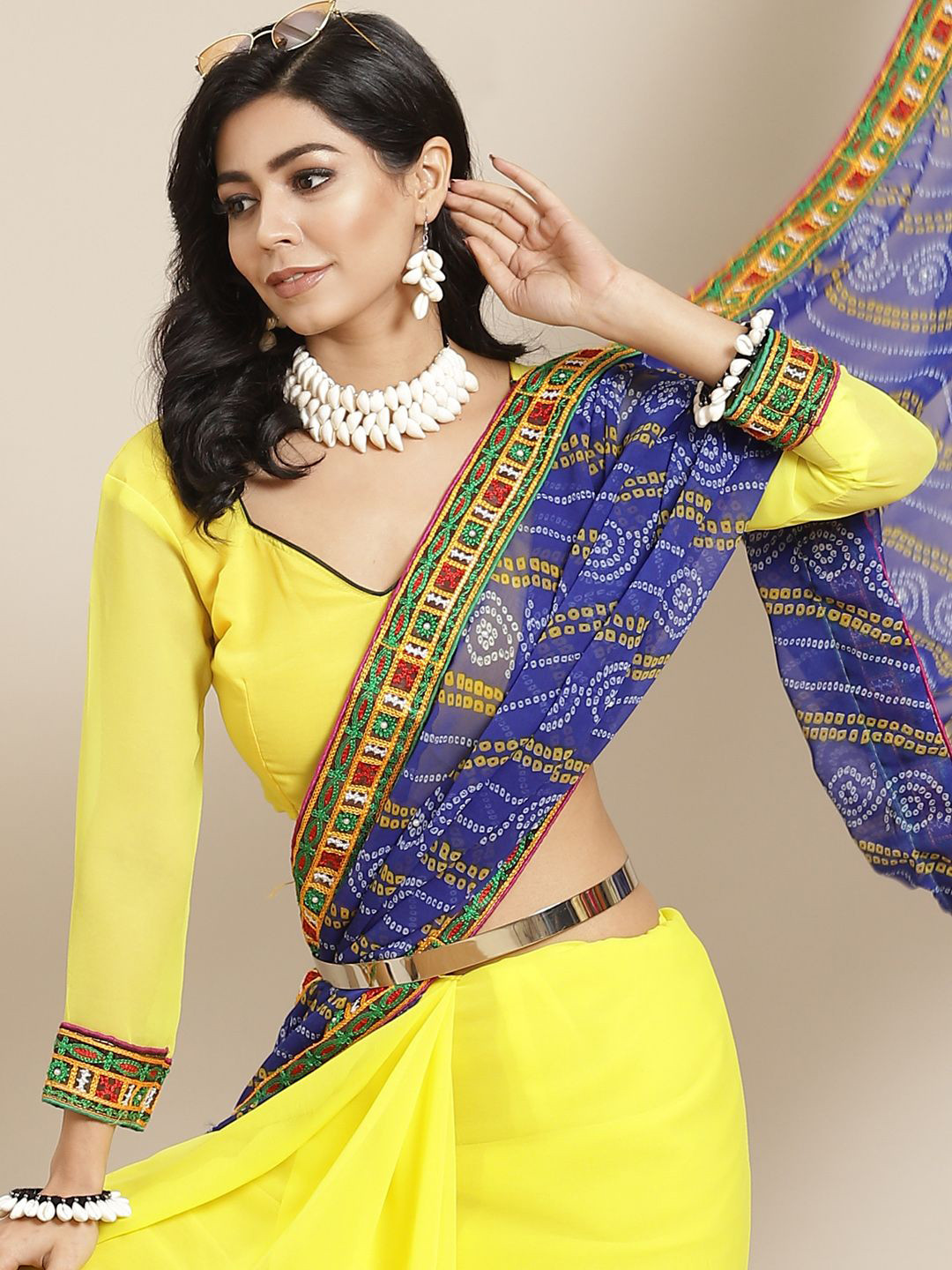 KALINI Floral Embroidered Pure Georgette Bandhani Lehenga Saree