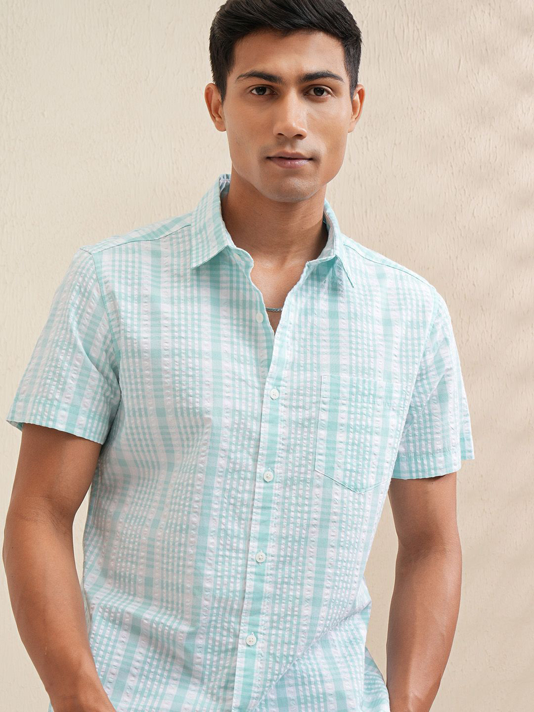 LOCOMOTIVE Premium Men Seersucker Checked Sports Casual Shirt