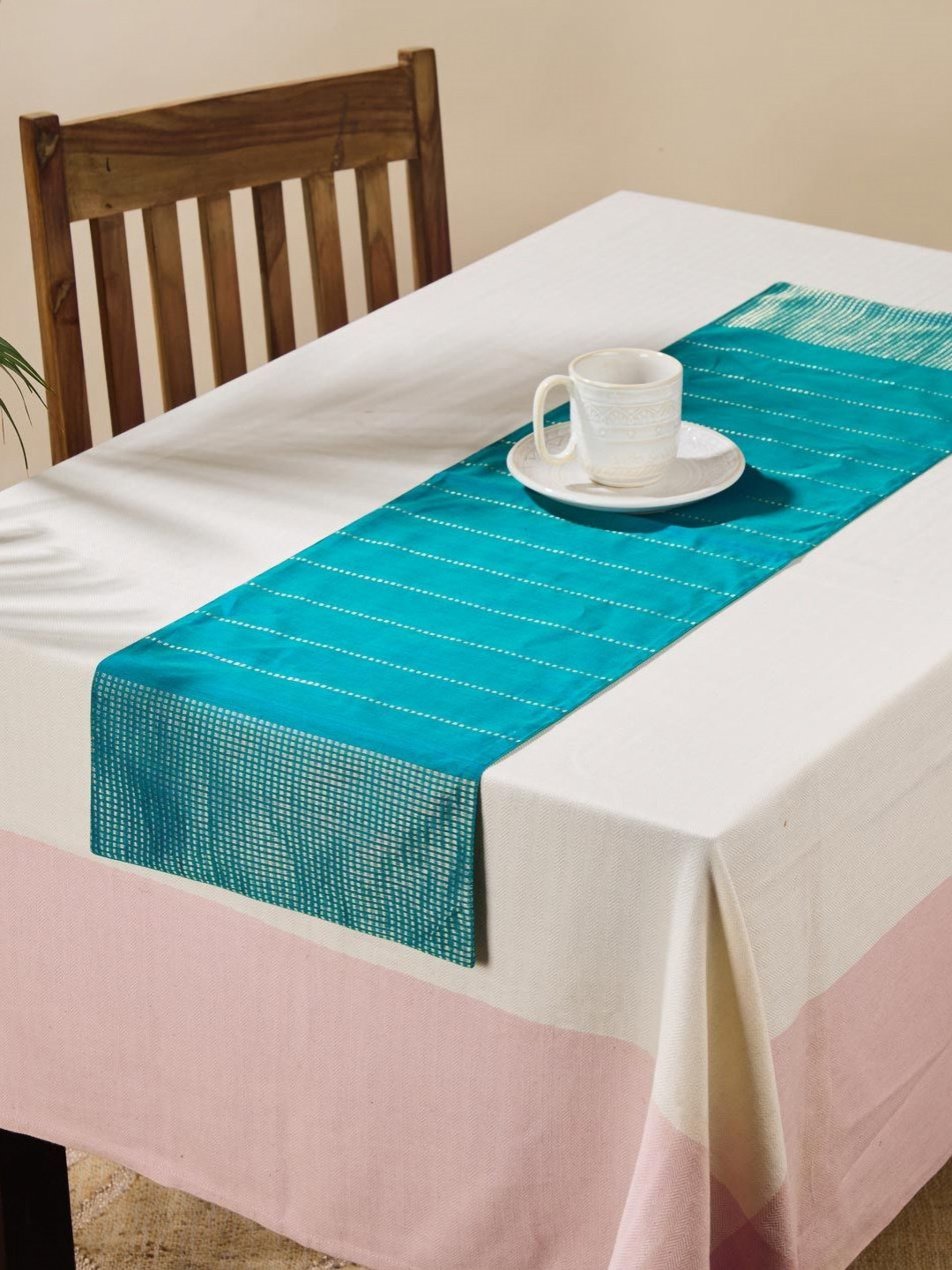 Fabindia Teal Blue & Gold Toned Striped Cotton Silk Table Runner