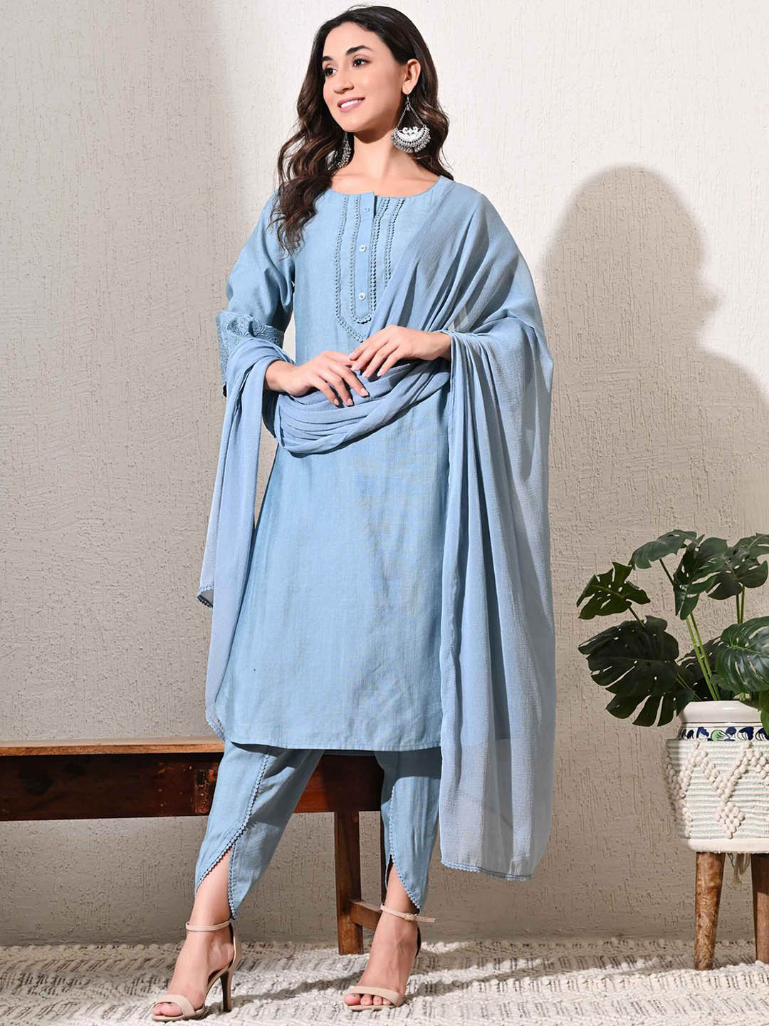 MEESAN Thread Work Chanderi Silk Straight Kurta With Dhoti & Dupatta