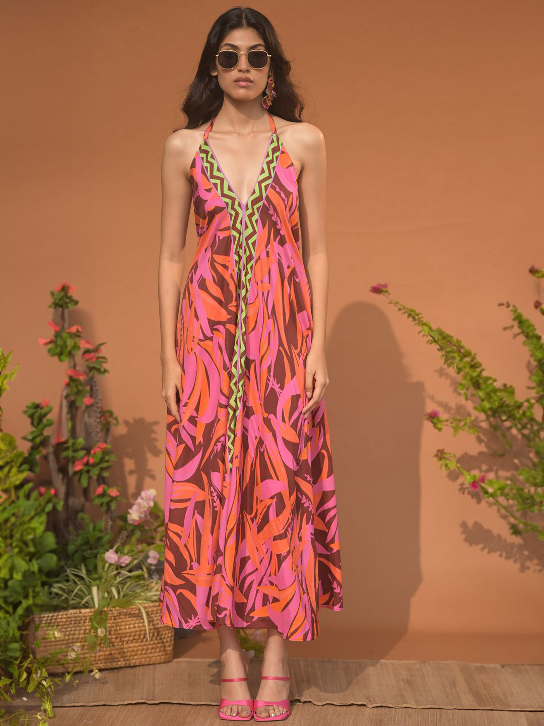 GUAPA Tropical Print Shoulder Straps Maxi Dress