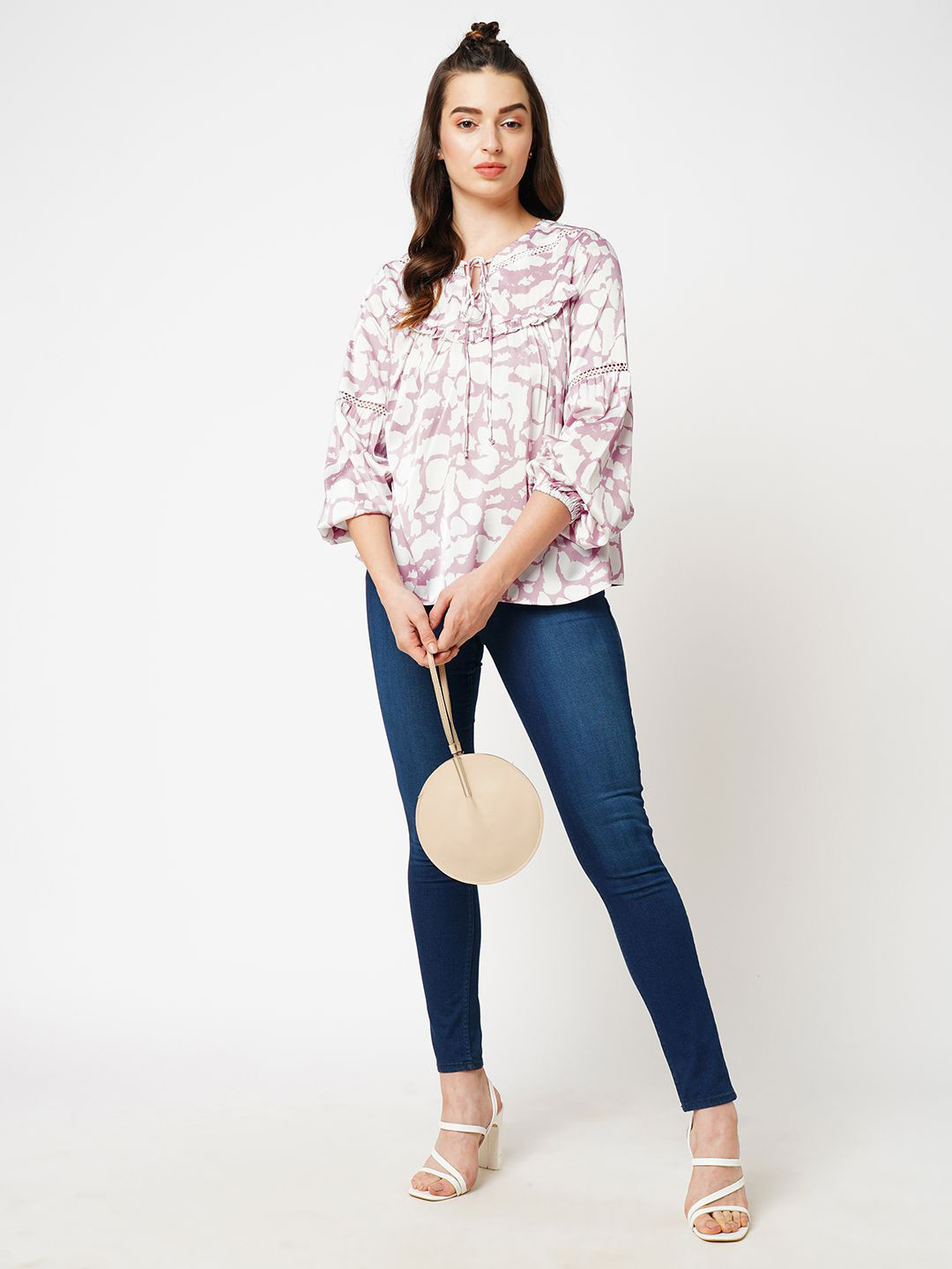 ESTERIA Floral Print Tie-Up Neck Satin Top