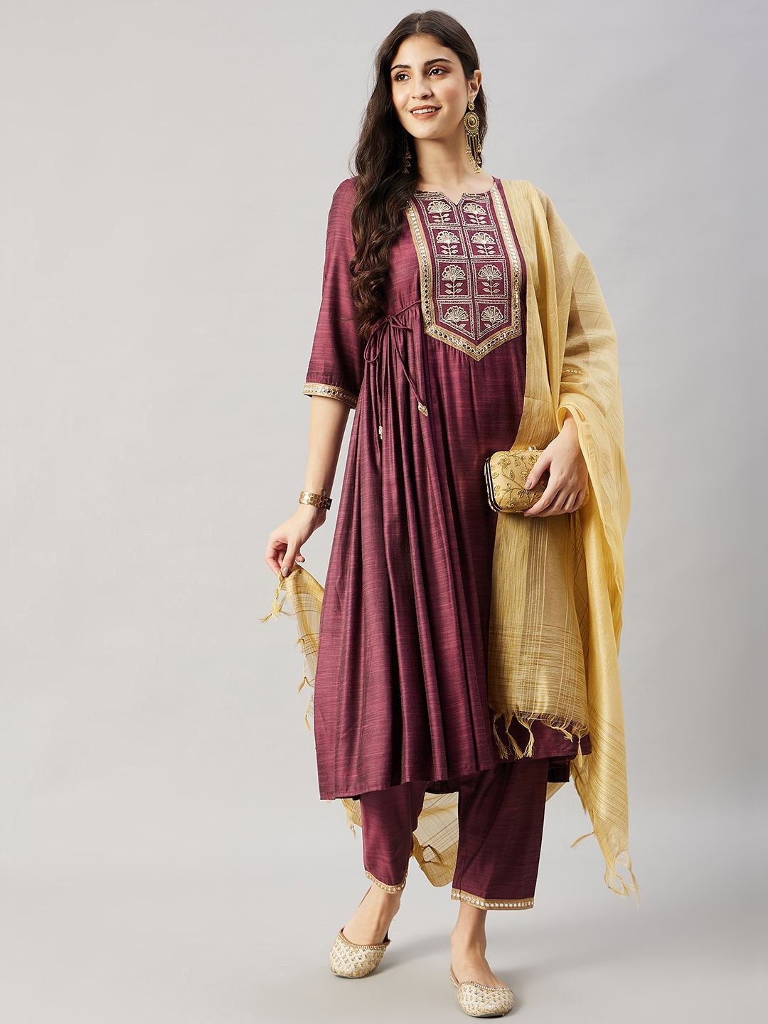 WineRed Floral Yoke Design Regular Work A-Line Kurta With Trousers & Dupatta