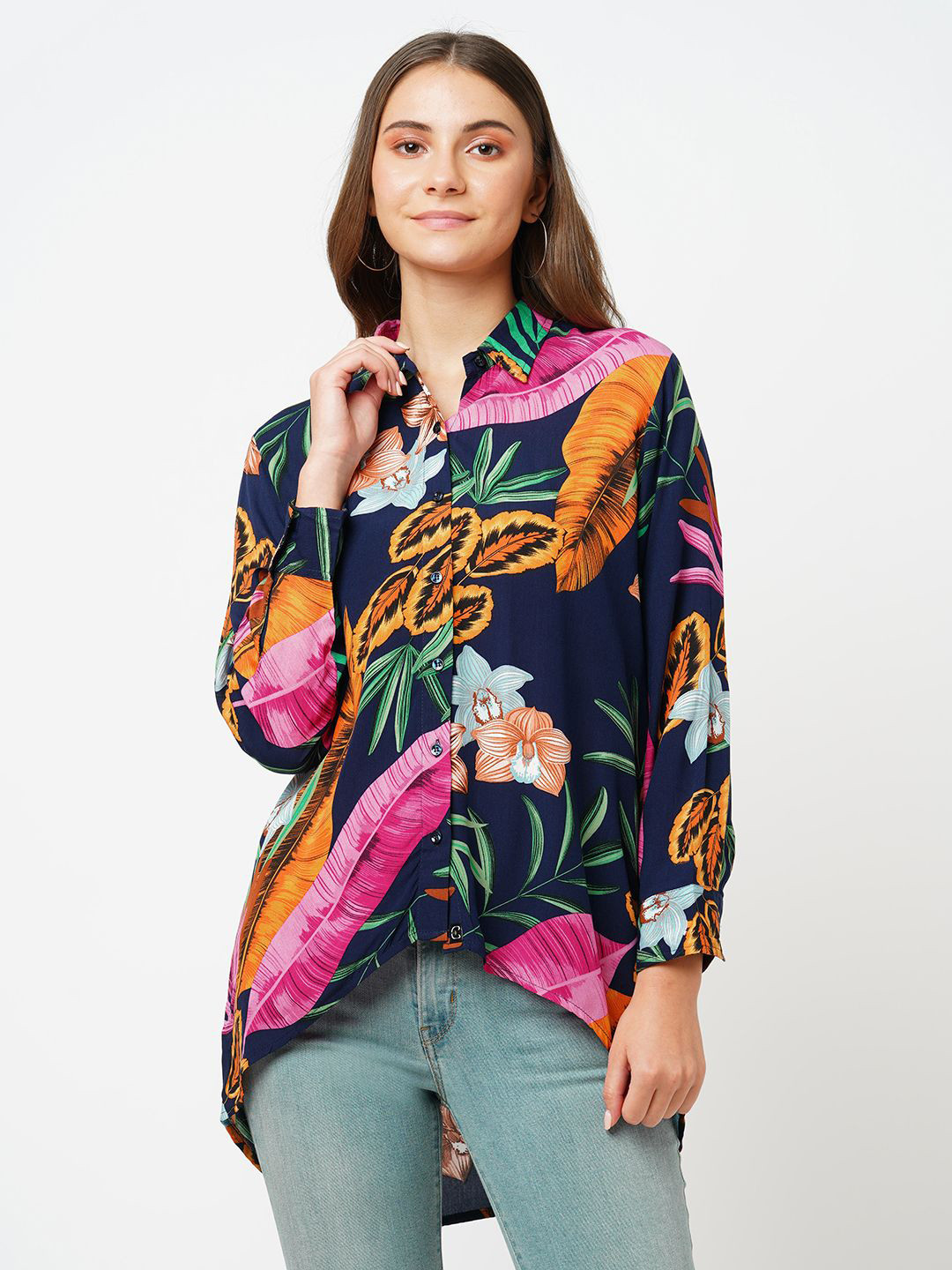 ESTERIA Floral Print High-Low Longline Top