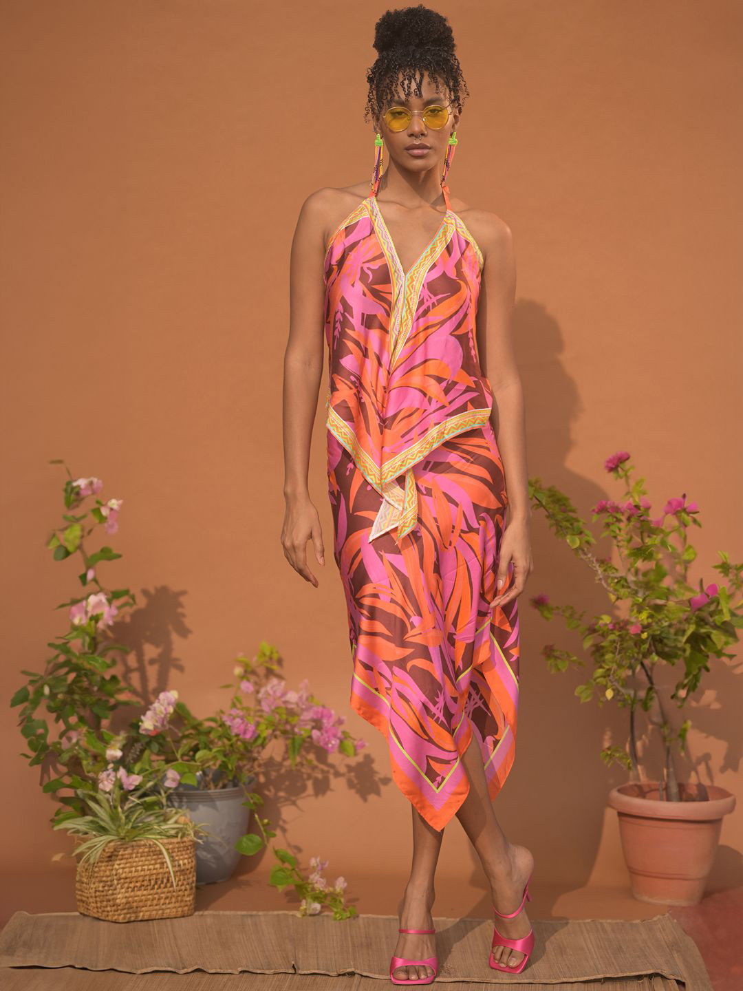 GUAPA Tropical Printed Halter Neck Sheath Midi Dress