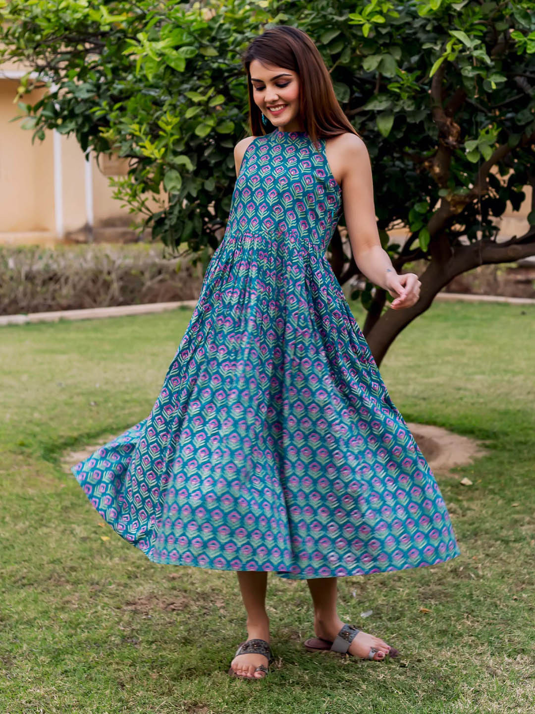 MISSPRINT Ethnic Motifs Hand Block Printed Halter Neck A-Line Dress