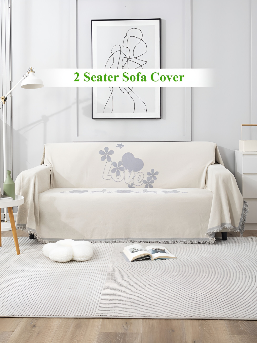 HOKIPO Off-White & Grey Printed 2 Seater Sofa Throw
