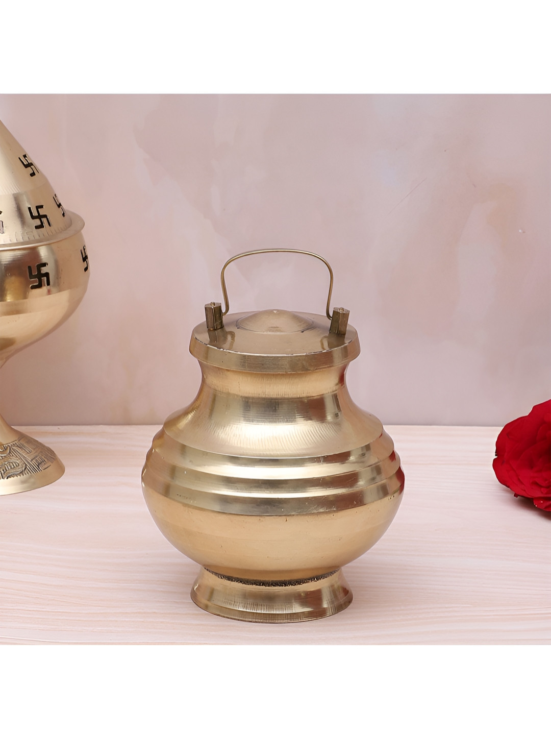 Two Moustaches Gold Toned Brass Gangajali With Lid