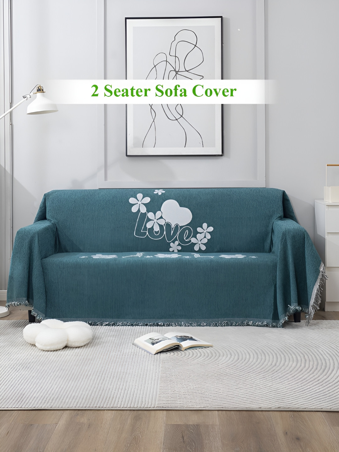 HOKIPO Teal Green & White 2 Seater Throw Blanket