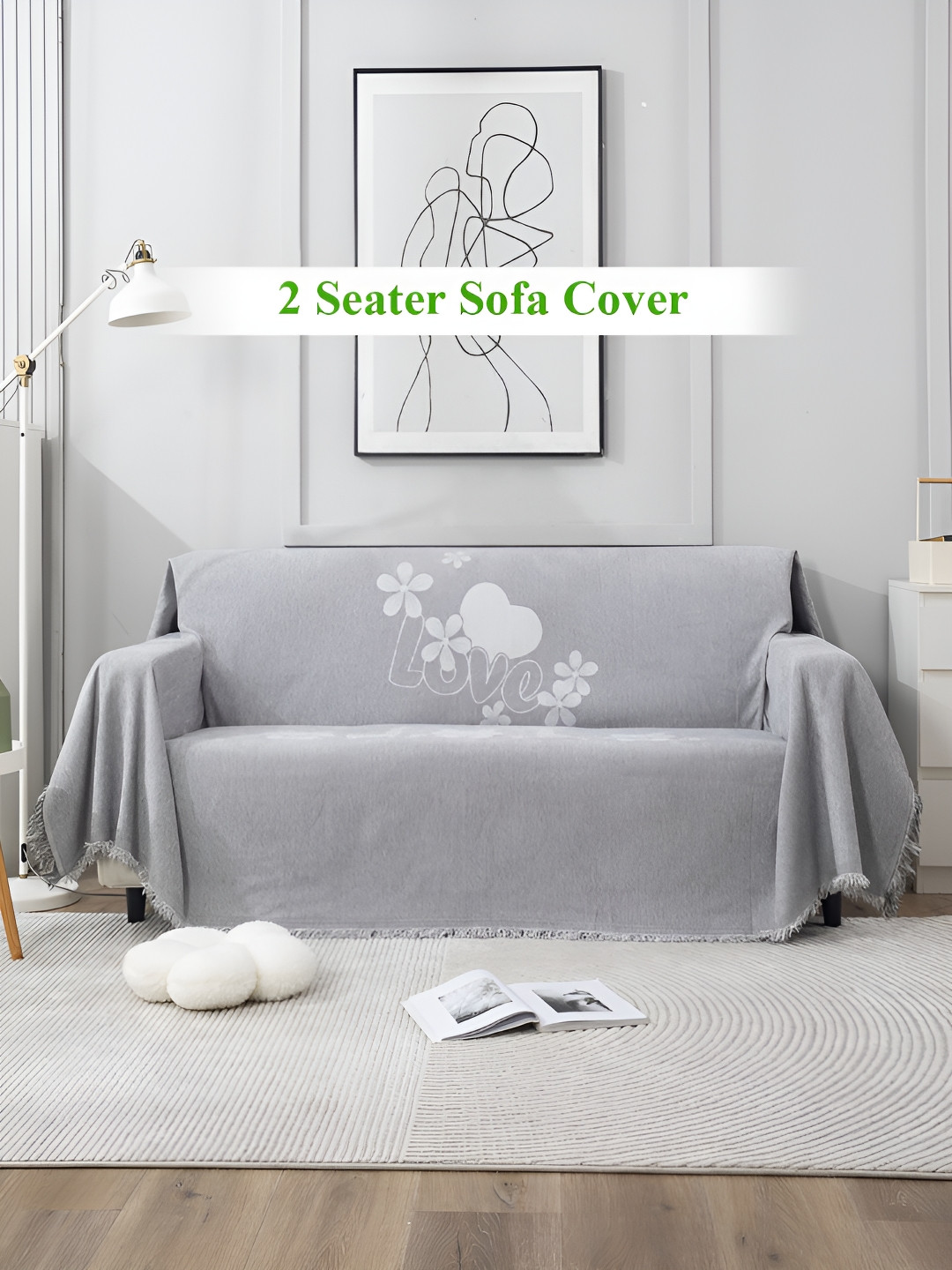 HOKIPO Off White & Grey Floral Printed 2 Seater Sofa Throw