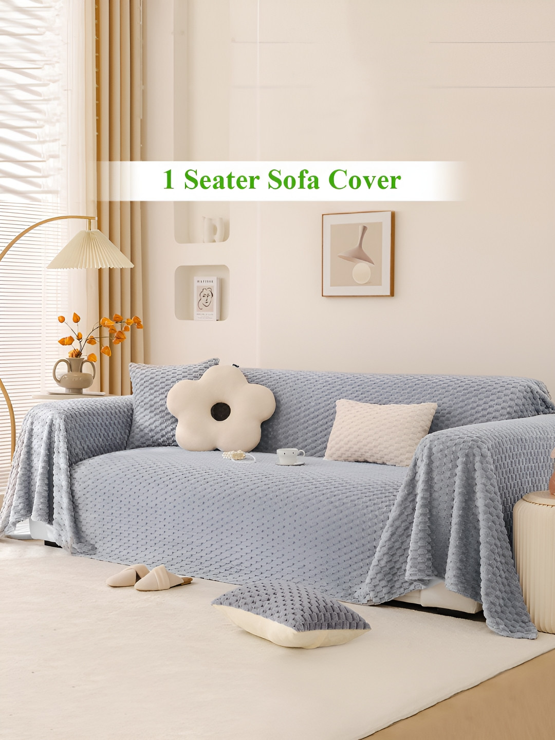 HOKIPO Grey Textured Plush 1 Seater Sofa Throw