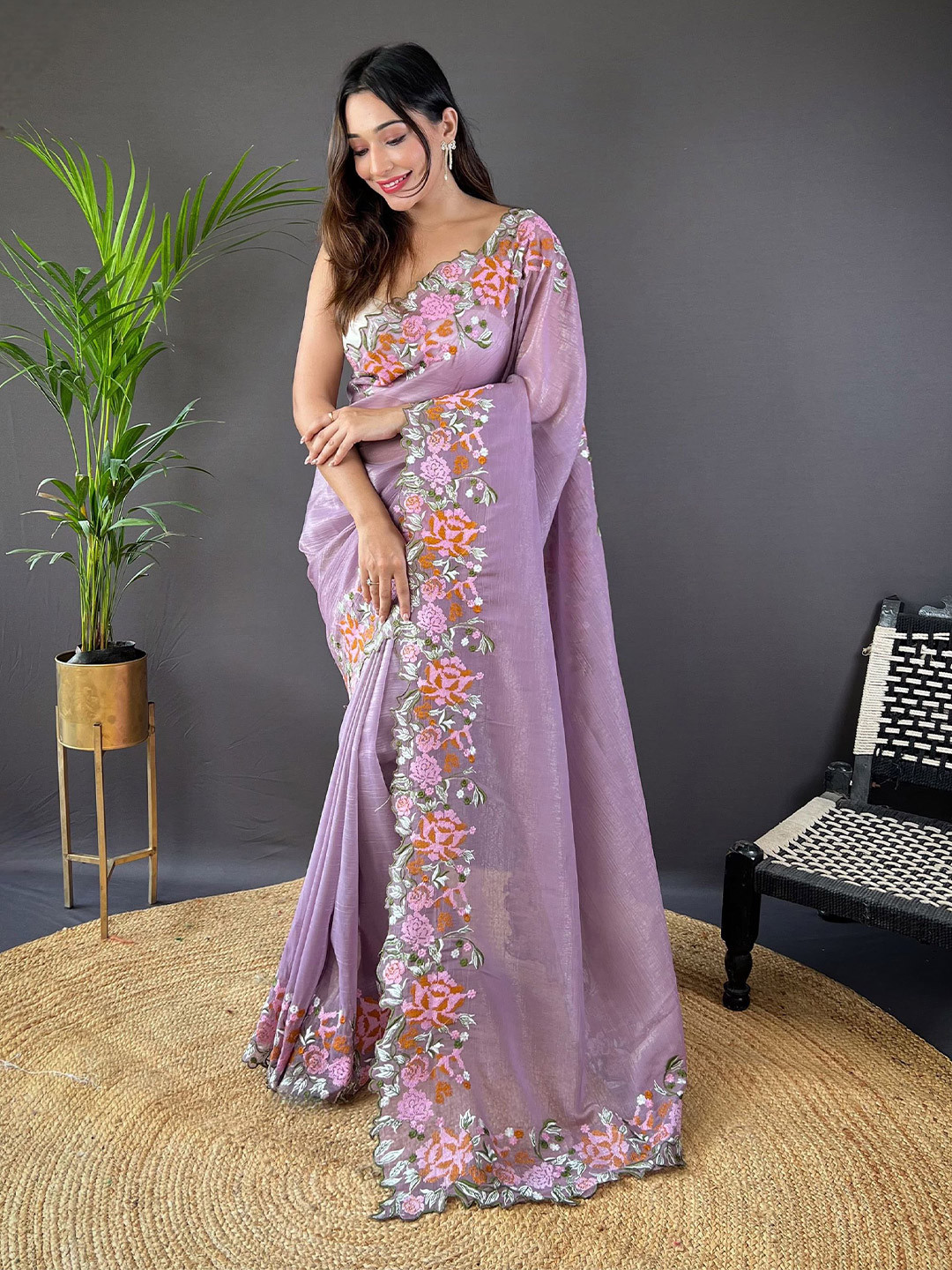 Anouk Ethnic Motif Embroidered Tissue Saree