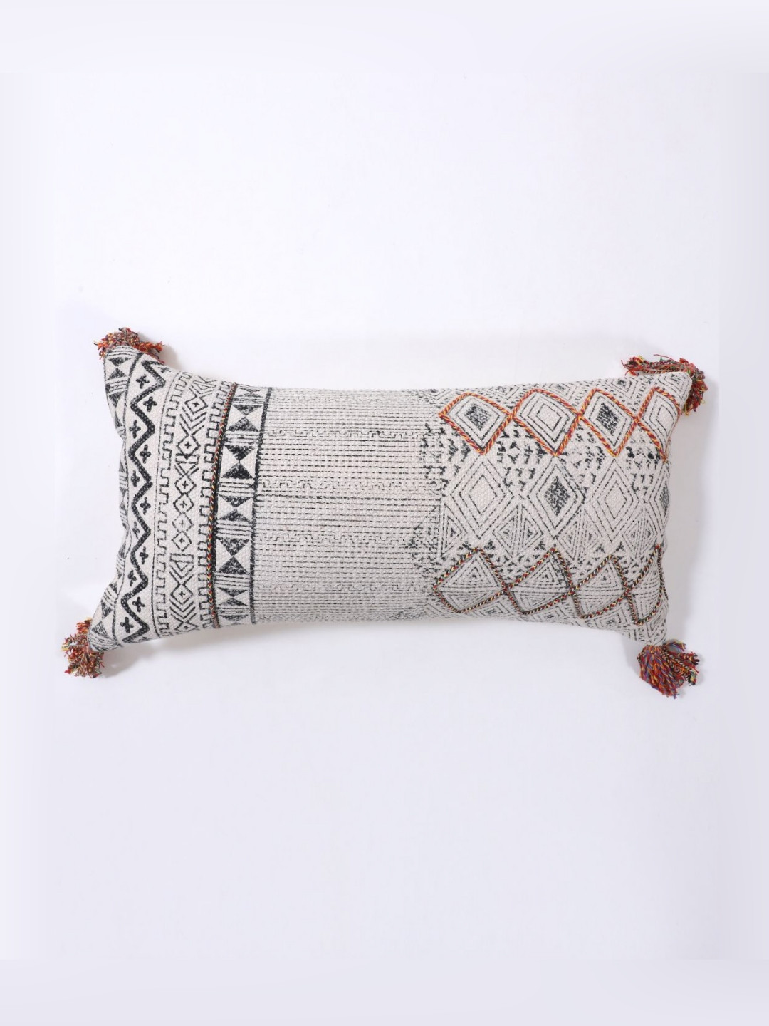 Art Avenue White Geometric Cotton Breathable Embroidered Cushion Cover - 16 x 24 Inches