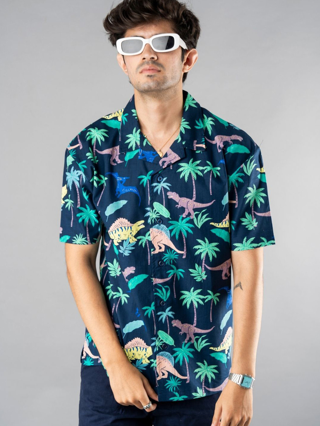 PRONK Men Relaxed Cuban Collar Dinosaur Print Casual Shirt