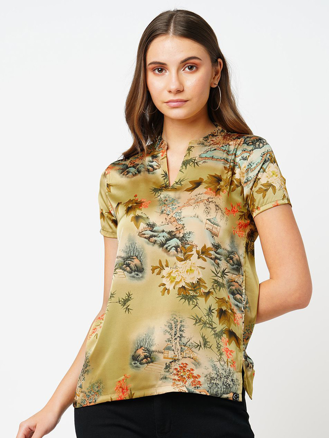 ESTERIA Floral Print Satin High-Low Top