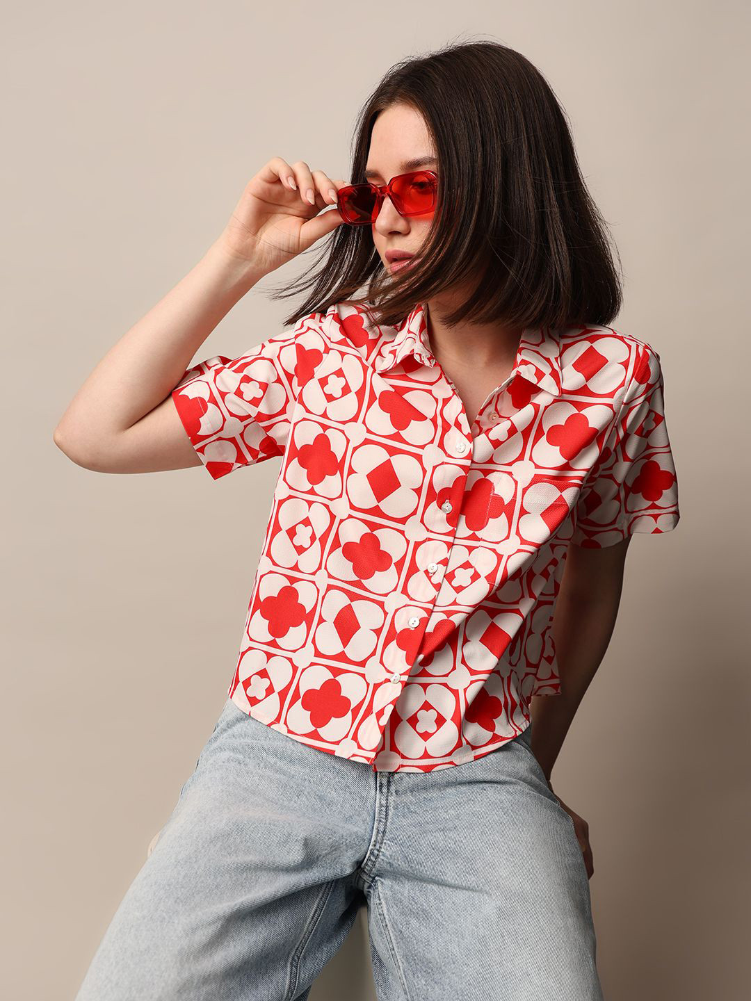 ONLY Women Tartan Checks Floral Printed Crop Casual Shirt