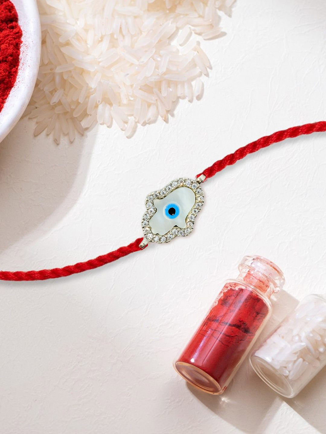 Zavya 925 Sterling Silver Hamsa Evil Eye Rakhi With Roli Chawal