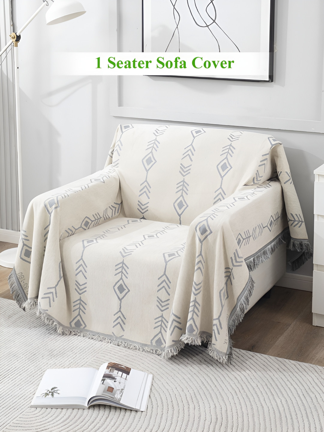 HOKIPO Off White & Blue Geometric Printed Single Seater Sofa Throw