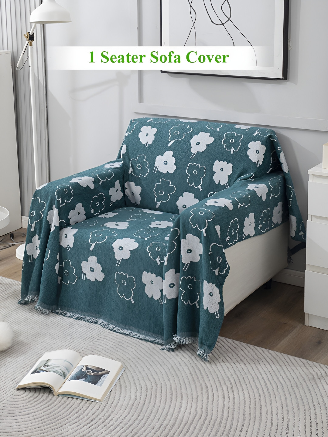 HOKIPO Teal Green & White 1 Seater Sofa Throw Blanket